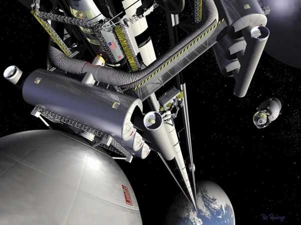 지구와 연결된 우주 엘리베이터를 갖춘 우주정거장 상상도. /NASA 