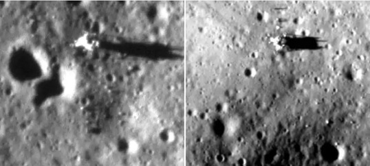 미국의 LRO(왼쪽)보다 더 선명한 인도 찬드라얀 2호 달 관측위성의 아폴로 11호 착륙 현장. /ISRO(인도우주연구기구)<br>
