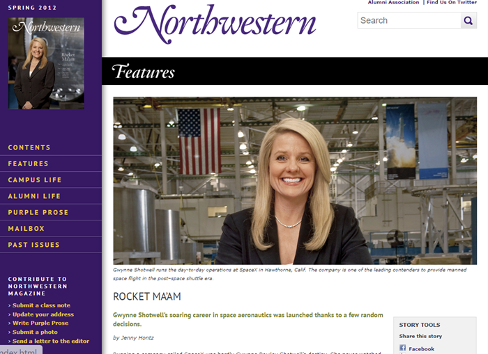 2012년 노스웨스턴대 동문회보에 ‘로켓 맘’으로 소개된 숏웰 /Northwestern University