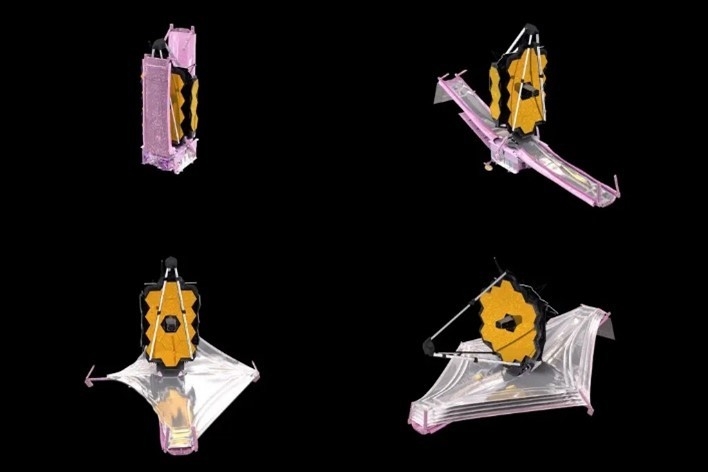 하단 오른쪽이 제임스 웹 우주망원경의 거울이 다 펼쳐진 형태다. /NASA 