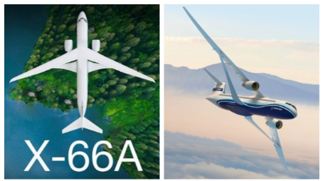 NASA가 친환경 항공기 제작을 목적으로 공개한 X-66A(왼쪽). 보잉이 디자인한 날개 폭이 좁고 긴 항공기를 기초로 하고 있다. /NASAㆍ보잉