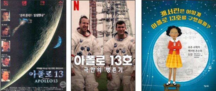 <strong>왼쪽부터 영화 <아폴로 13(1995)>, 다큐 <아폴로13호 극한의 생존기(2024)>, 그림책 <캐서린은 어떻게 아폴로 13호를 구했을까?(2021)>.</strong>